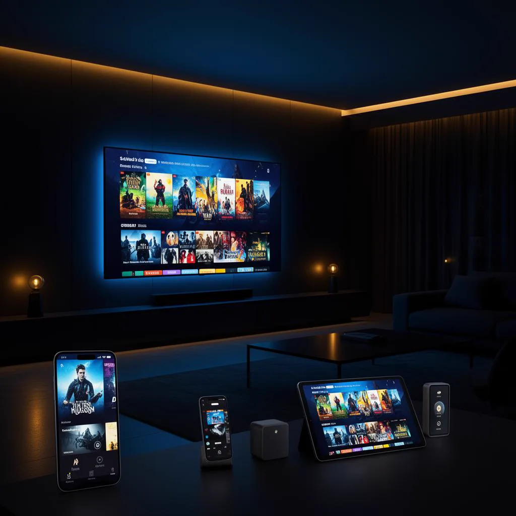 IPTV funcionando em Smart TV, celular e tablet em uma sala moderna